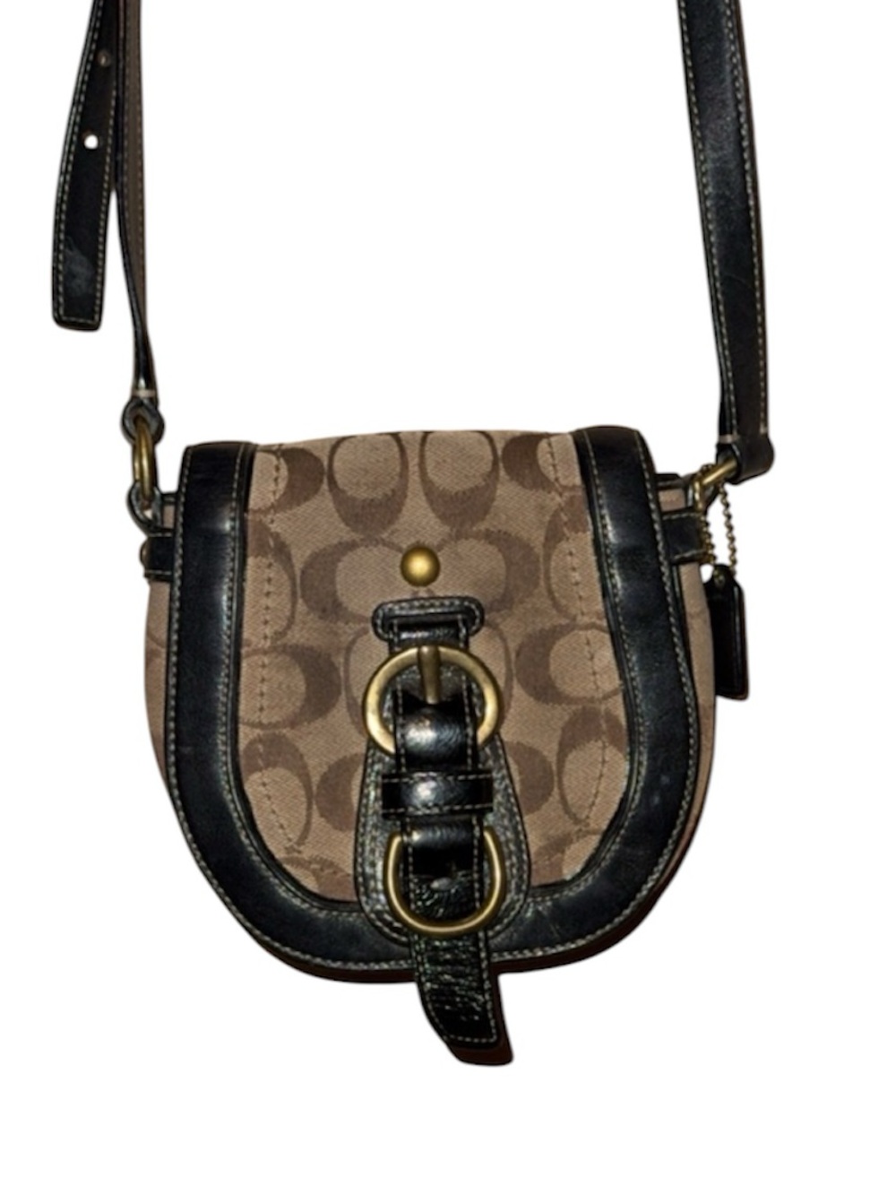 VINTAGE RARE Coach Tan Signature Canvas Crossbody with Black Leather Trim - Picture 1 of 4